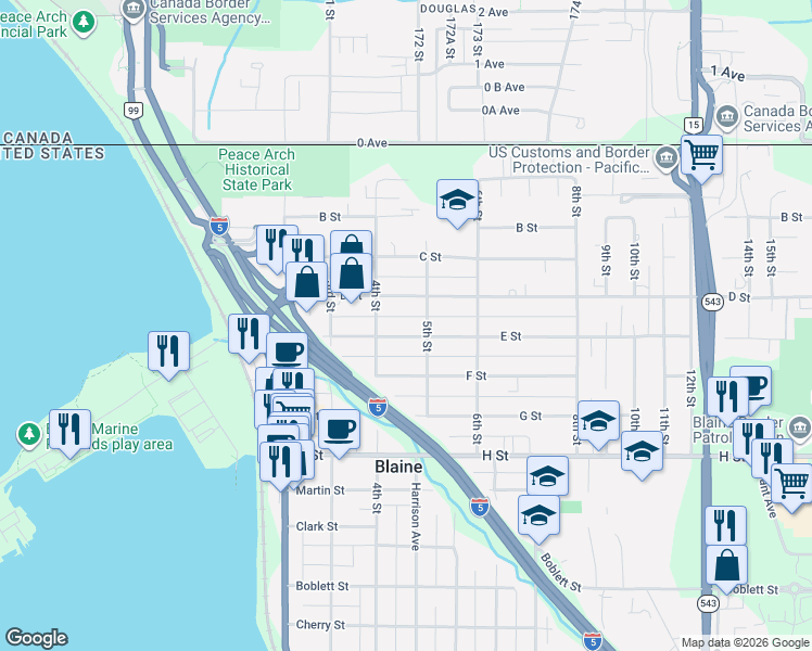 map of restaurants, bars, coffee shops, grocery stores, and more near 474 E Street in Blaine