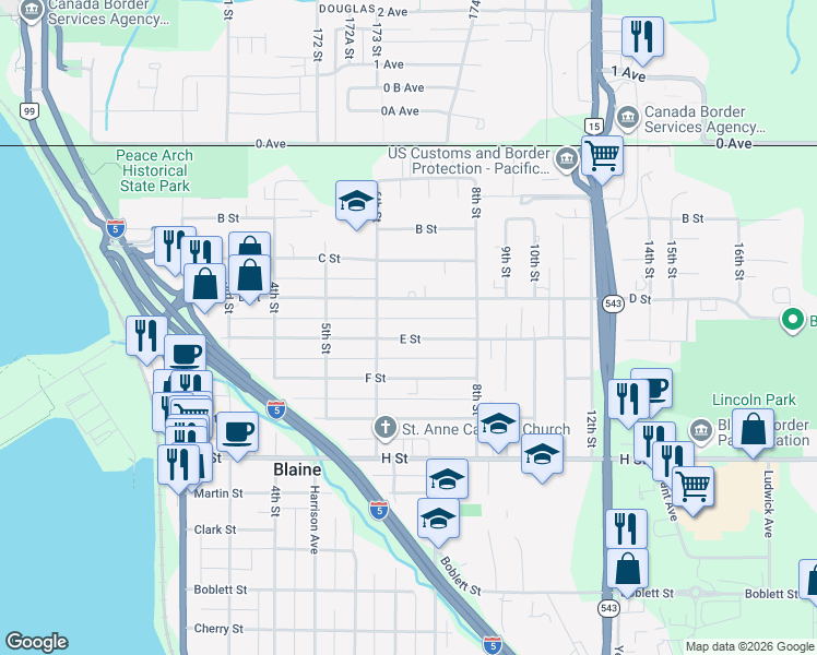 map of restaurants, bars, coffee shops, grocery stores, and more near 668 E Street in Blaine