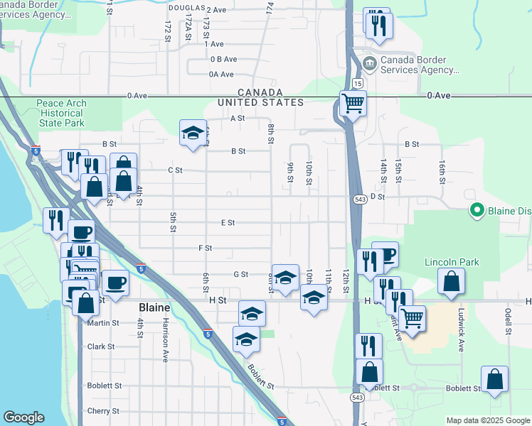map of restaurants, bars, coffee shops, grocery stores, and more near 365 8th Street in Blaine