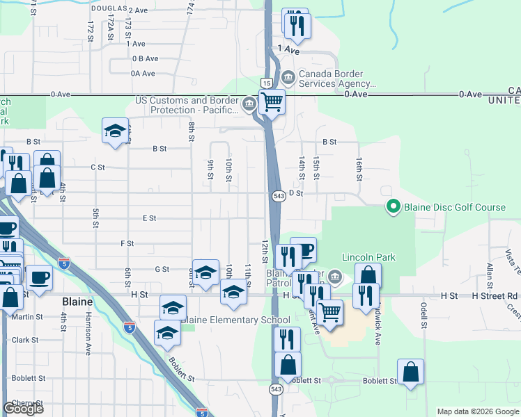 map of restaurants, bars, coffee shops, grocery stores, and more near 351 12th Street in Blaine