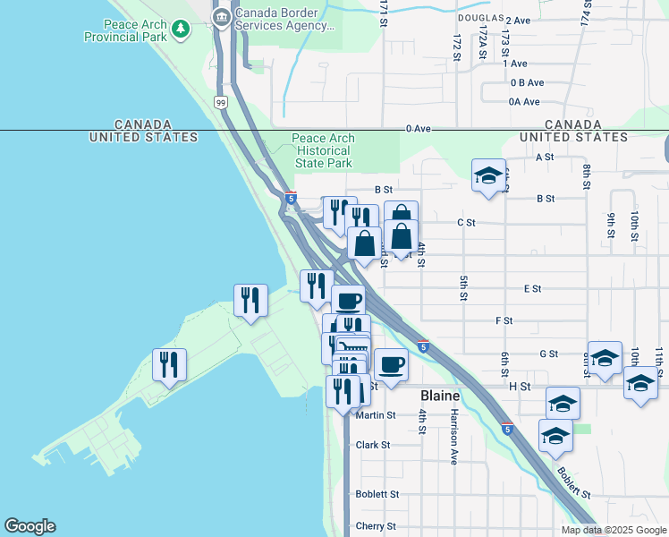 map of restaurants, bars, coffee shops, grocery stores, and more near 100 Peace Portal Drive in Blaine