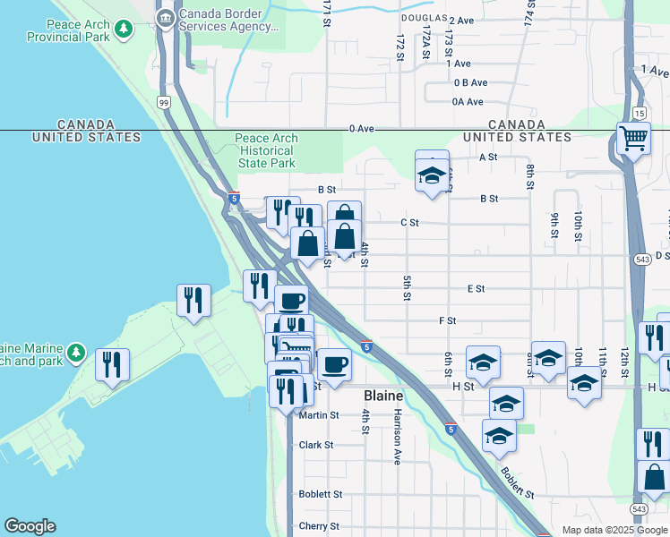 map of restaurants, bars, coffee shops, grocery stores, and more near 316 E Street in Blaine