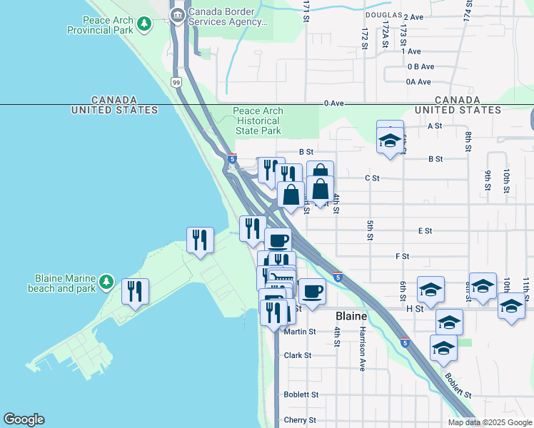map of restaurants, bars, coffee shops, grocery stores, and more near 100 Peace Portal Drive in Blaine