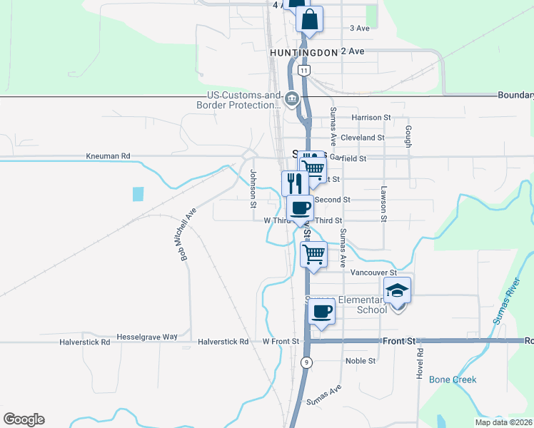 map of restaurants, bars, coffee shops, grocery stores, and more near 240 West Third Street in Sumas