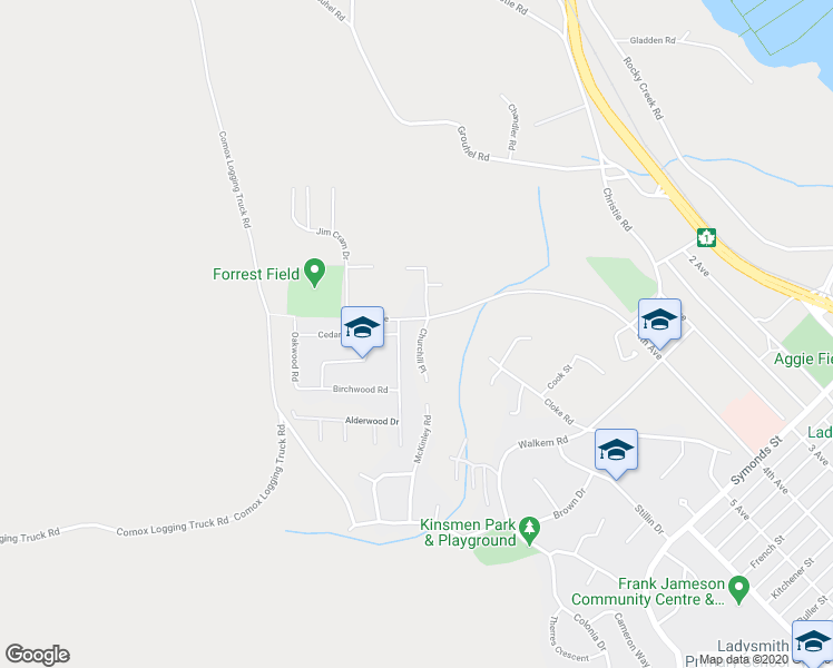map of restaurants, bars, coffee shops, grocery stores, and more near 1300 Churchill Place in Ladysmith