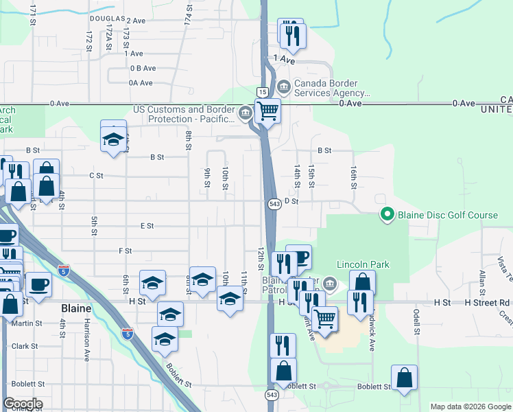 map of restaurants, bars, coffee shops, grocery stores, and more near 351 12th Street in Blaine