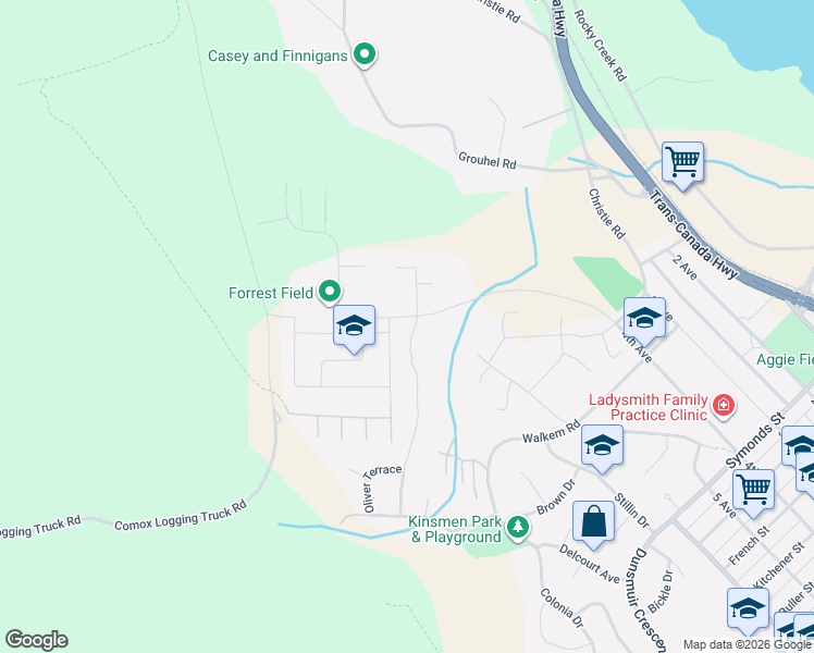 map of restaurants, bars, coffee shops, grocery stores, and more near 1300 Churchill Place in Ladysmith