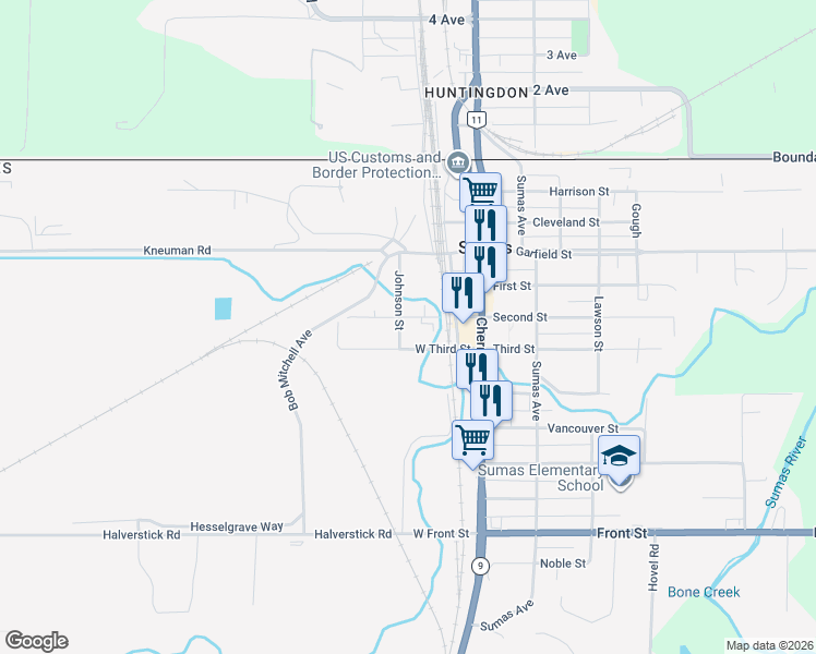 map of restaurants, bars, coffee shops, grocery stores, and more near 240 West Third Street in Sumas