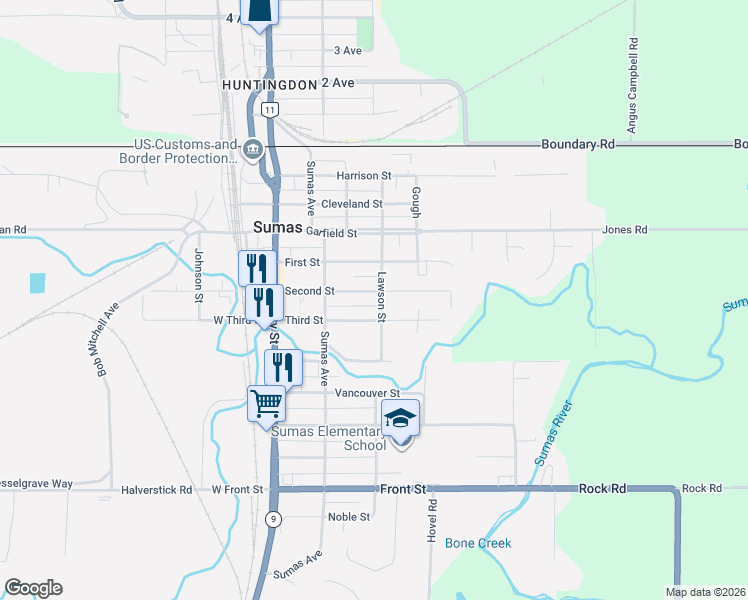 map of restaurants, bars, coffee shops, grocery stores, and more near 343 Third Street in Sumas