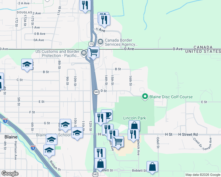map of restaurants, bars, coffee shops, grocery stores, and more near 220 14th Street in Blaine
