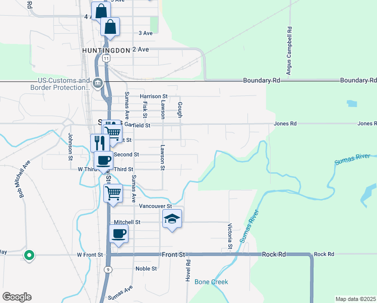 map of restaurants, bars, coffee shops, grocery stores, and more near 535 First Street in Sumas