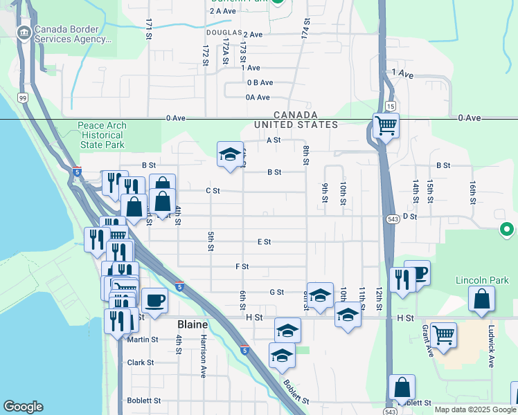 map of restaurants, bars, coffee shops, grocery stores, and more near 611 C Street in Blaine
