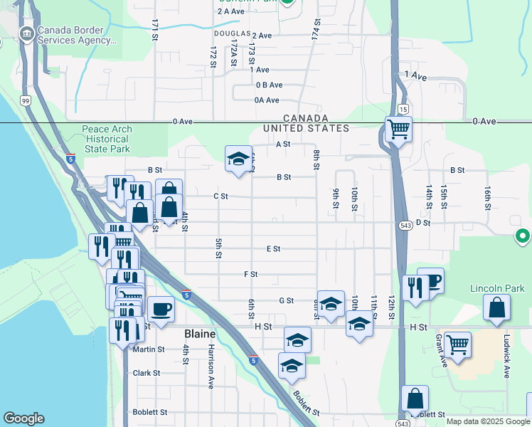 map of restaurants, bars, coffee shops, grocery stores, and more near 611 C Street in Blaine