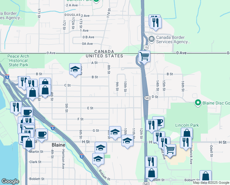 map of restaurants, bars, coffee shops, grocery stores, and more near 261 9th Street in Blaine