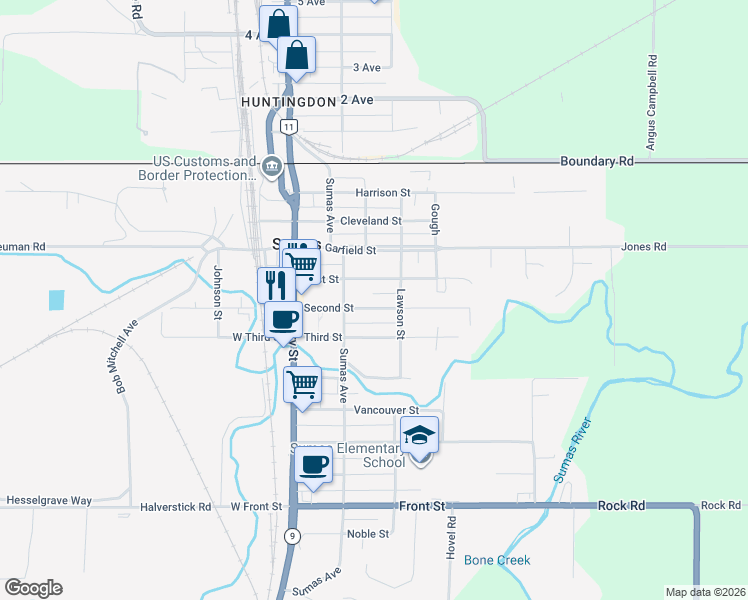 map of restaurants, bars, coffee shops, grocery stores, and more near 227 First Street in Lynden