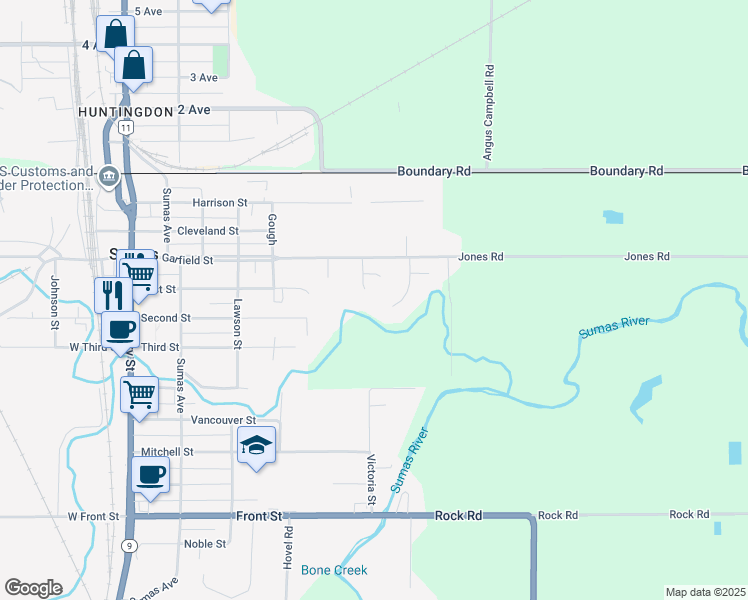 map of restaurants, bars, coffee shops, grocery stores, and more near 122 Jefferson Court in Sumas