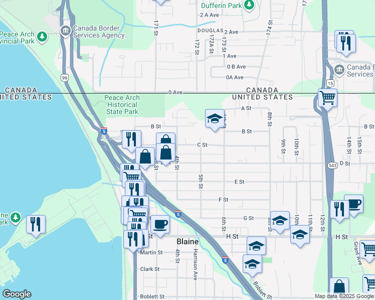 map of restaurants, bars, coffee shops, grocery stores, and more near 479 C Street in Blaine