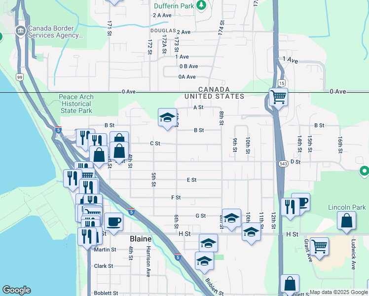 map of restaurants, bars, coffee shops, grocery stores, and more near 611 C Street in Blaine