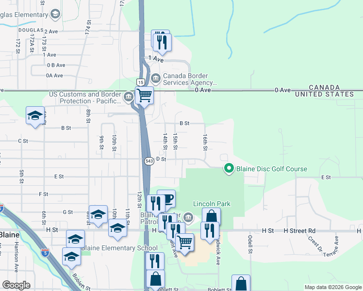 map of restaurants, bars, coffee shops, grocery stores, and more near 250 15th Street in Blaine