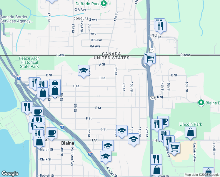 map of restaurants, bars, coffee shops, grocery stores, and more near 719 Peace Arch Court in Blaine