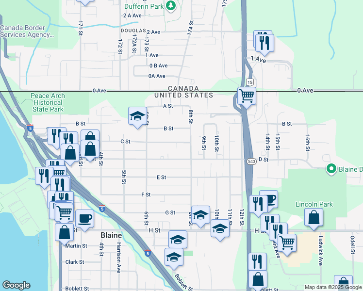map of restaurants, bars, coffee shops, grocery stores, and more near 719 Peace Arch Court in Blaine