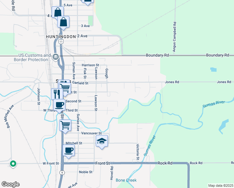 map of restaurants, bars, coffee shops, grocery stores, and more near 535 First Street in Sumas