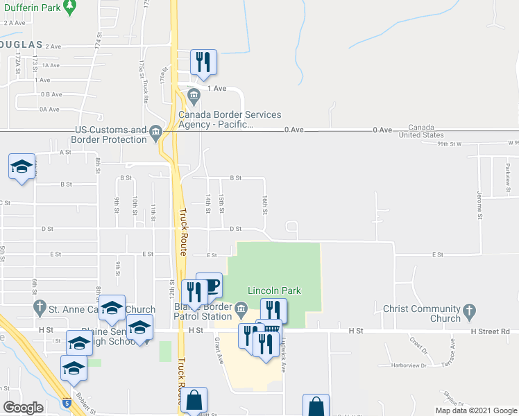 map of restaurants, bars, coffee shops, grocery stores, and more near 221 16th Street in Blaine