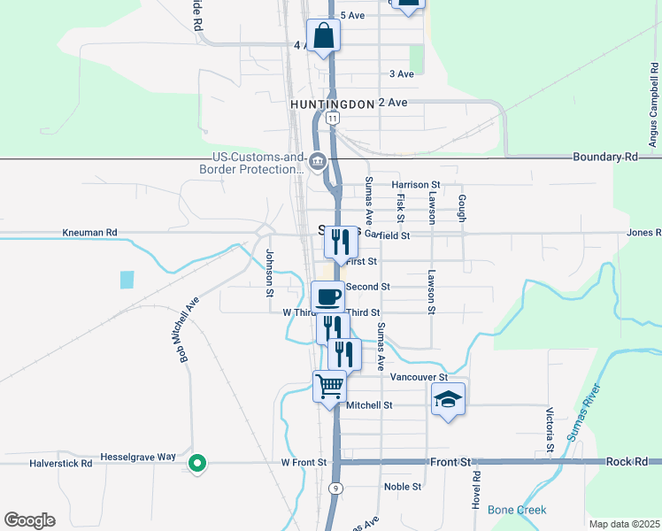 map of restaurants, bars, coffee shops, grocery stores, and more near 503 Cherry Street in Sumas
