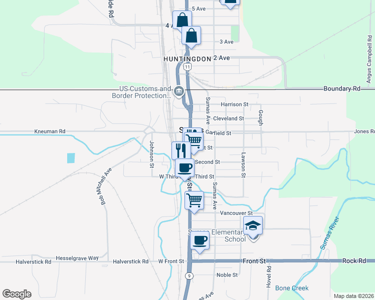 map of restaurants, bars, coffee shops, grocery stores, and more near 503 Cherry Street in Sumas