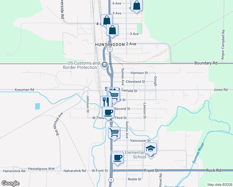 map of restaurants, bars, coffee shops, grocery stores, and more near 503 Cherry Street in Sumas