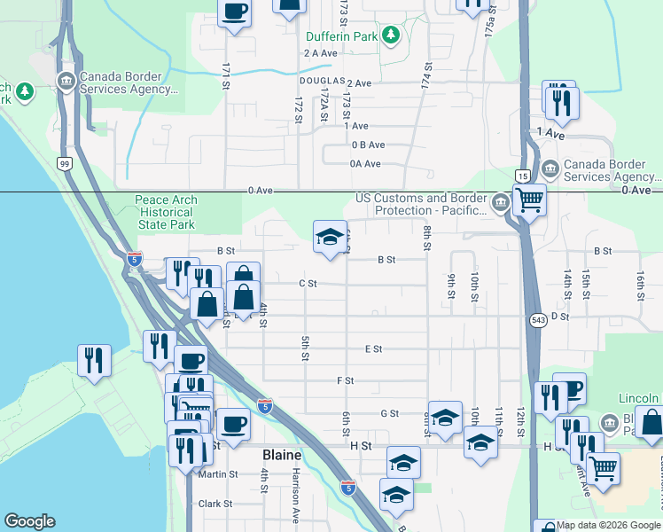 map of restaurants, bars, coffee shops, grocery stores, and more near 580 C Street in Blaine