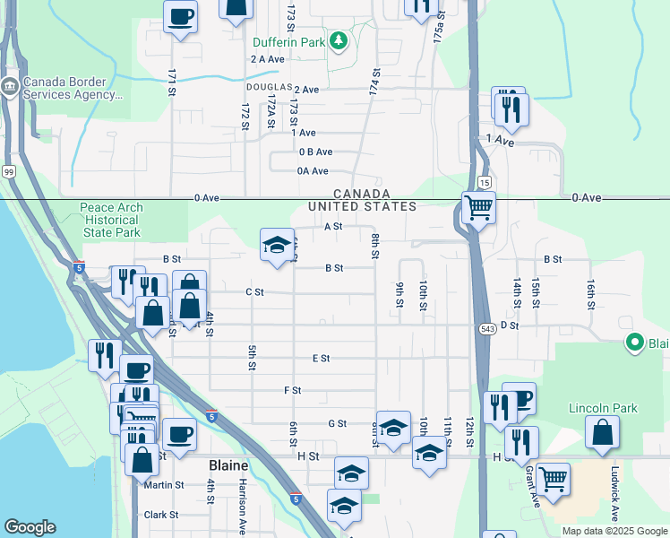 map of restaurants, bars, coffee shops, grocery stores, and more near 51 Boundary Court in Blaine