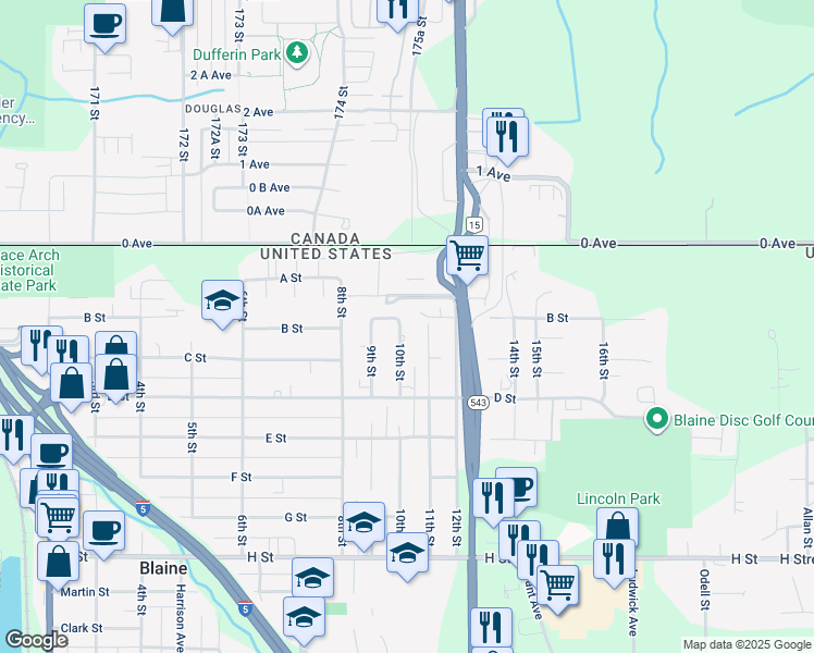 map of restaurants, bars, coffee shops, grocery stores, and more near 181 10th Street in Blaine