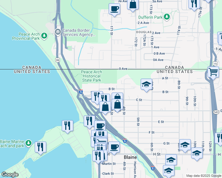 map of restaurants, bars, coffee shops, grocery stores, and more near 310 B Street in Blaine