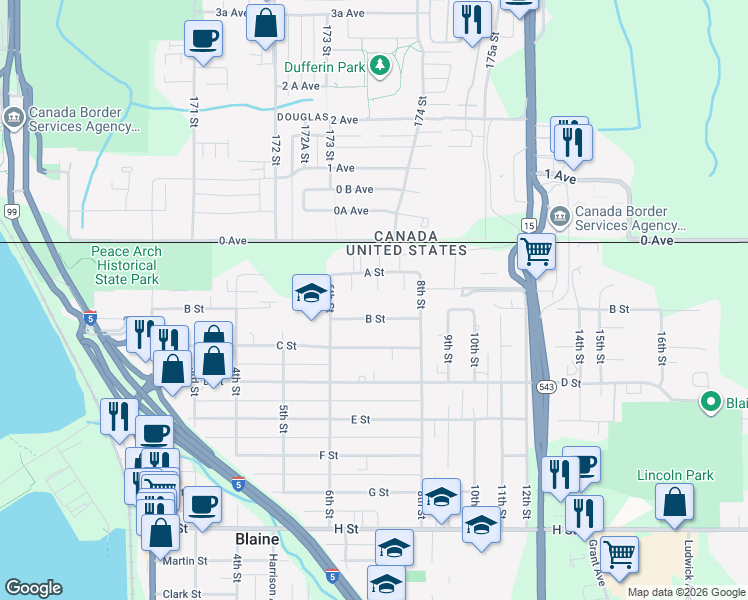 map of restaurants, bars, coffee shops, grocery stores, and more near 51 Boundary Ct in Blaine