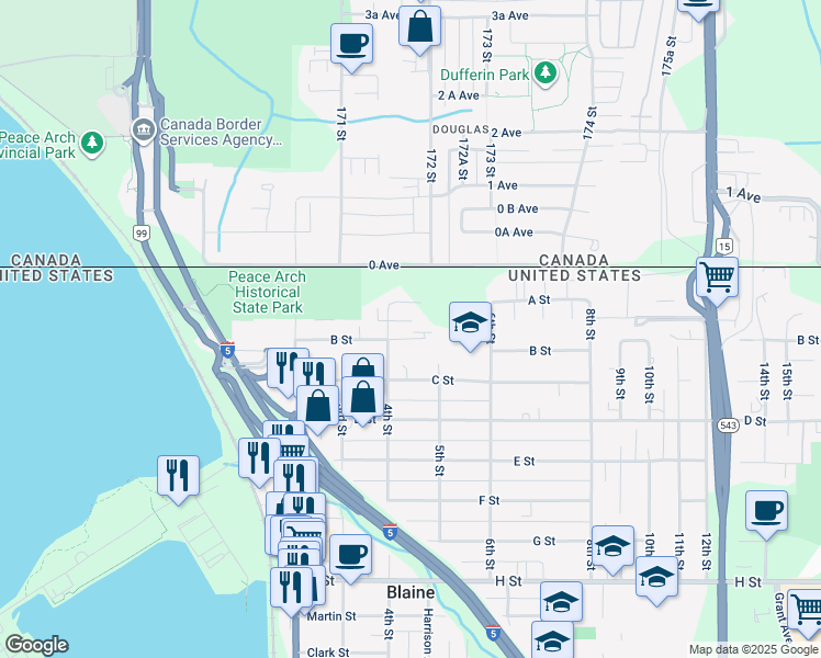 map of restaurants, bars, coffee shops, grocery stores, and more near 474 B Street in Blaine