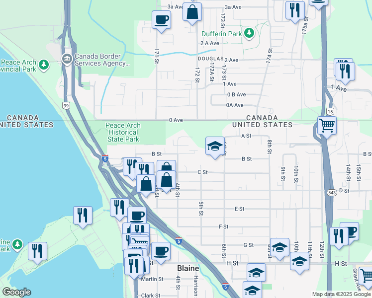 map of restaurants, bars, coffee shops, grocery stores, and more near 404 B Street in Blaine