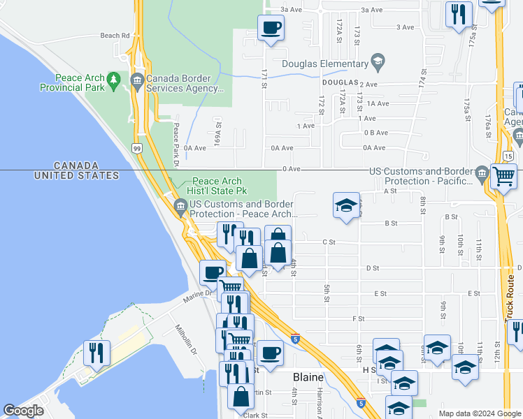 map of restaurants, bars, coffee shops, grocery stores, and more near 310 B Street in Blaine