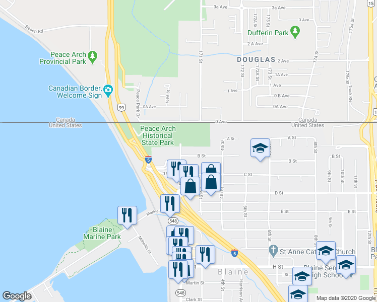 map of restaurants, bars, coffee shops, grocery stores, and more near 210 B Street in Blaine
