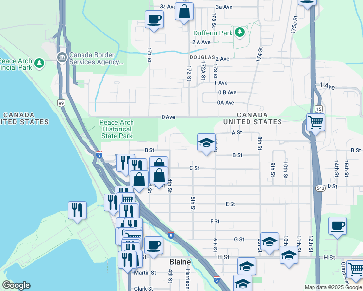 map of restaurants, bars, coffee shops, grocery stores, and more near 474 B Street in Blaine