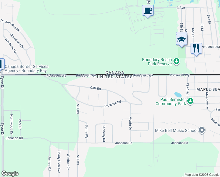 map of restaurants, bars, coffee shops, grocery stores, and more near 1882 Cliff Road in Point Roberts