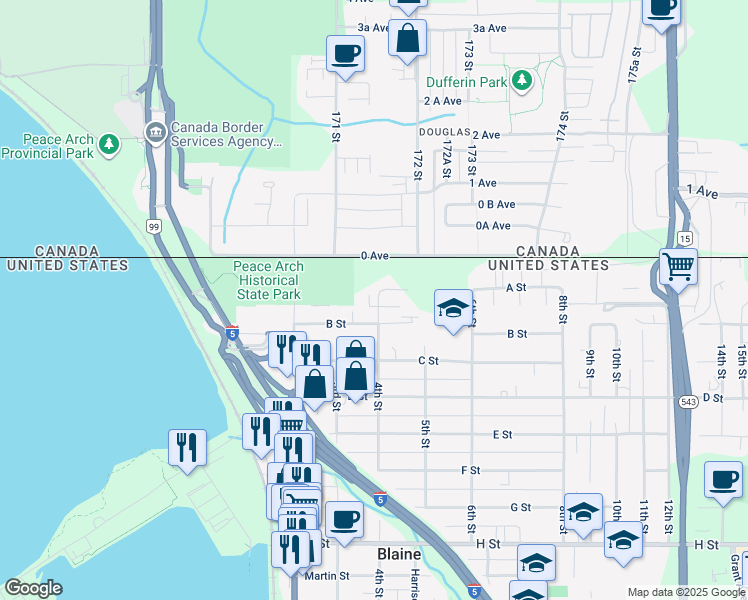 map of restaurants, bars, coffee shops, grocery stores, and more near 404 B Street in Blaine