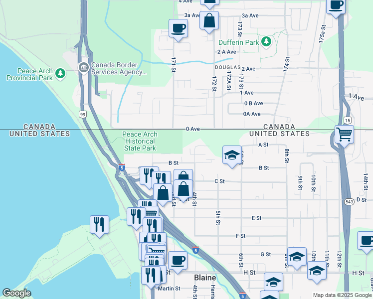 map of restaurants, bars, coffee shops, grocery stores, and more near 404 B Street in Blaine