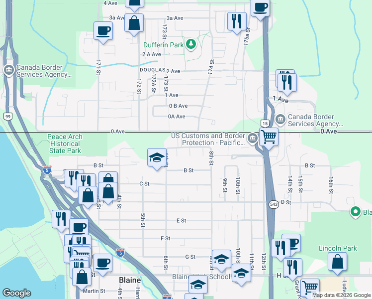 map of restaurants, bars, coffee shops, grocery stores, and more near 51 Boundary Court in Blaine