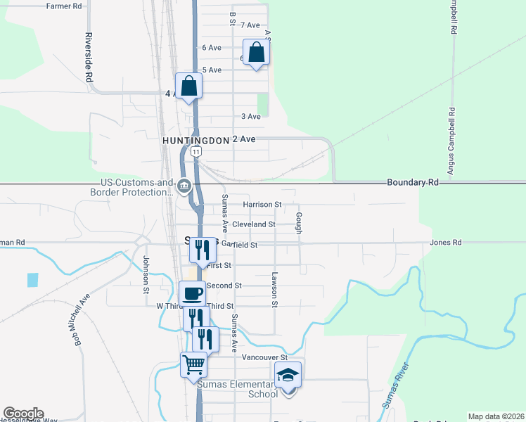 map of restaurants, bars, coffee shops, grocery stores, and more near 446 Harrison Street in Sumas