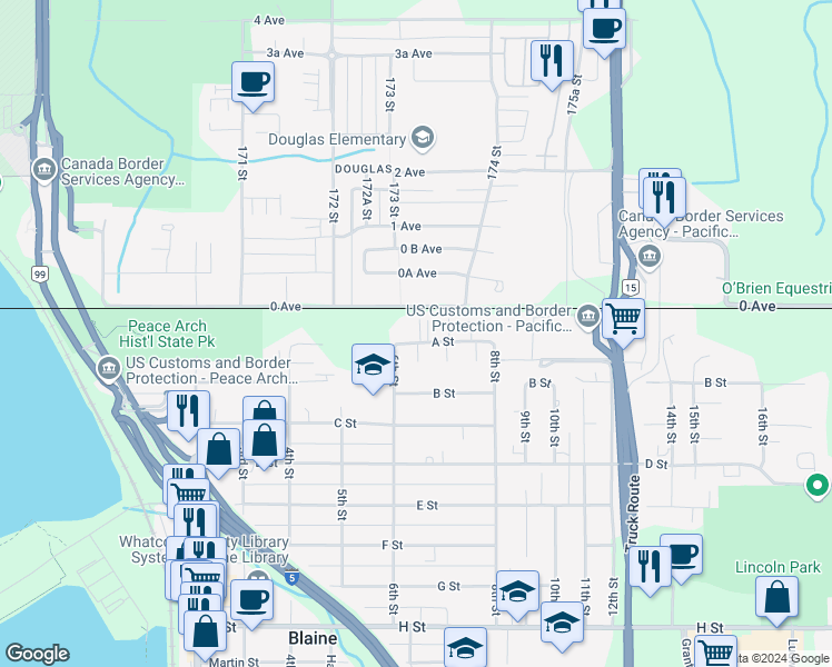 map of restaurants, bars, coffee shops, grocery stores, and more near 17307 0 Avenue in Surrey