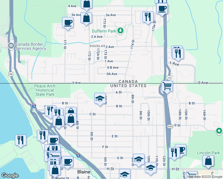 map of restaurants, bars, coffee shops, grocery stores, and more near 17307 0 Avenue in Surrey