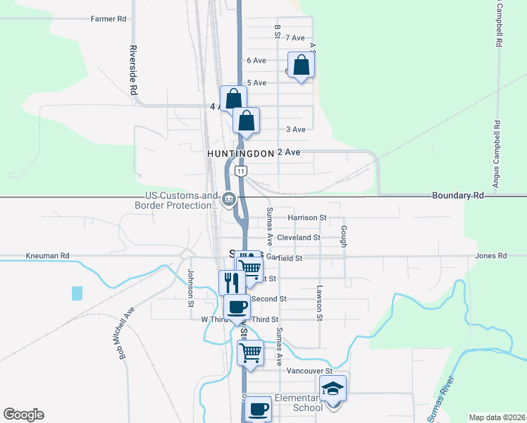 map of restaurants, bars, coffee shops, grocery stores, and more near 134 Harrison Street in Sumas