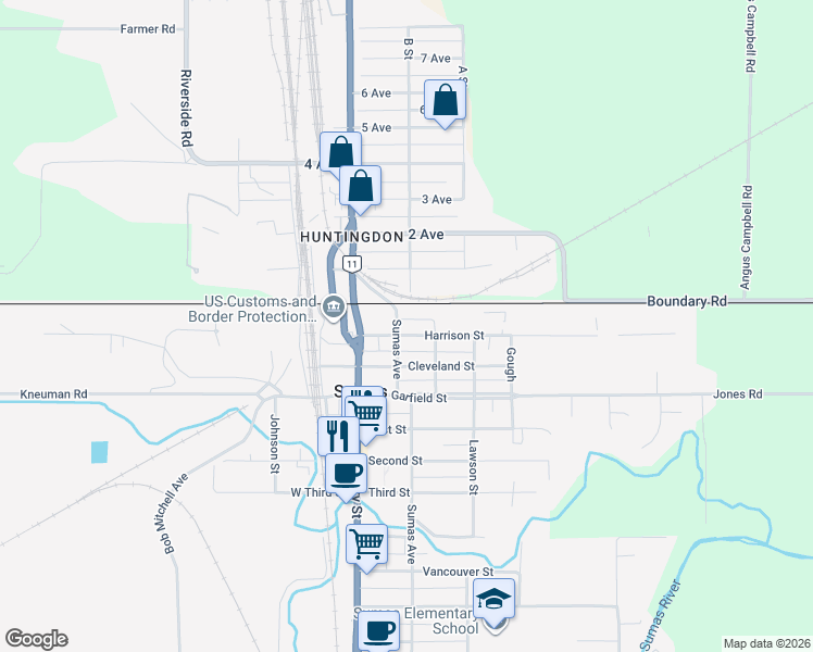 map of restaurants, bars, coffee shops, grocery stores, and more near 134 Harrison Street in Sumas