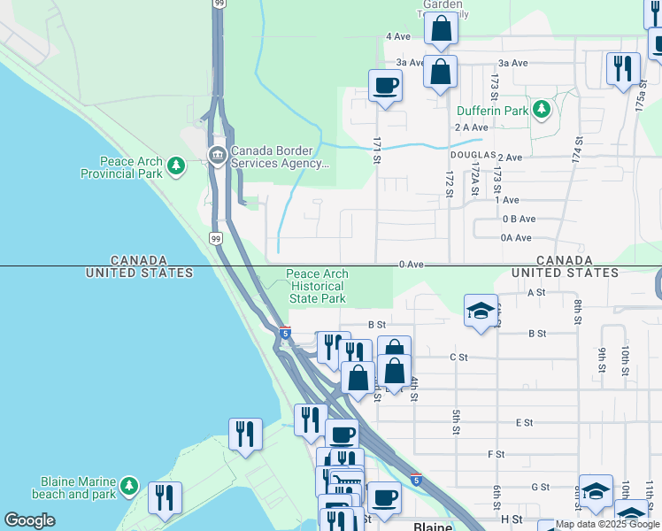 map of restaurants, bars, coffee shops, grocery stores, and more near 9 0 Avenue in Surrey